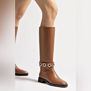 Larroude Milan Flat Boot In Caramel Leather